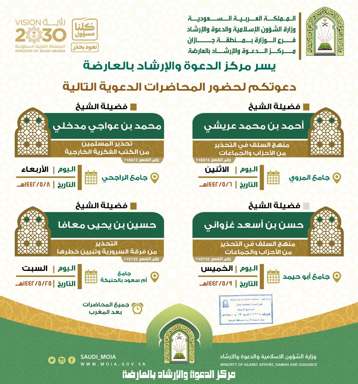 الشؤون الإسلامية تنظم سلسلة محاضرات دعوية بمحافظة العارضة.jpg